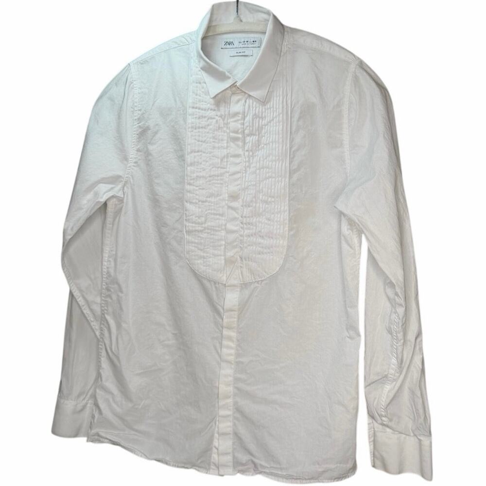 Zara Slim Fit Pleated Tuxedo Dress Shirt White Boys | 13-14